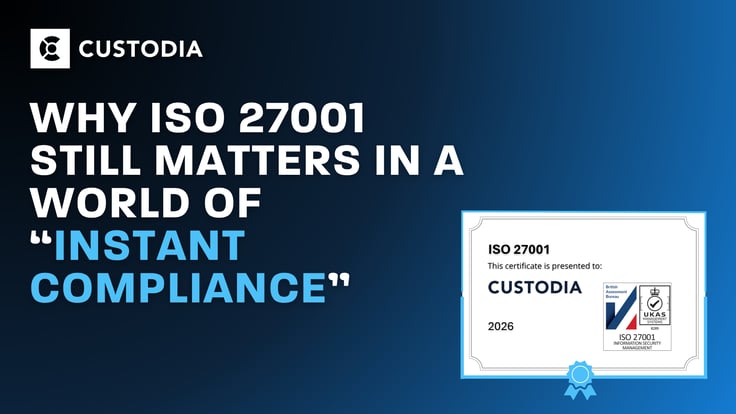 An Image that states: Why ISO 27001 Still Matters in a World of “Instant Compliance” and pictures an ISO Certificate on a blue and black background.