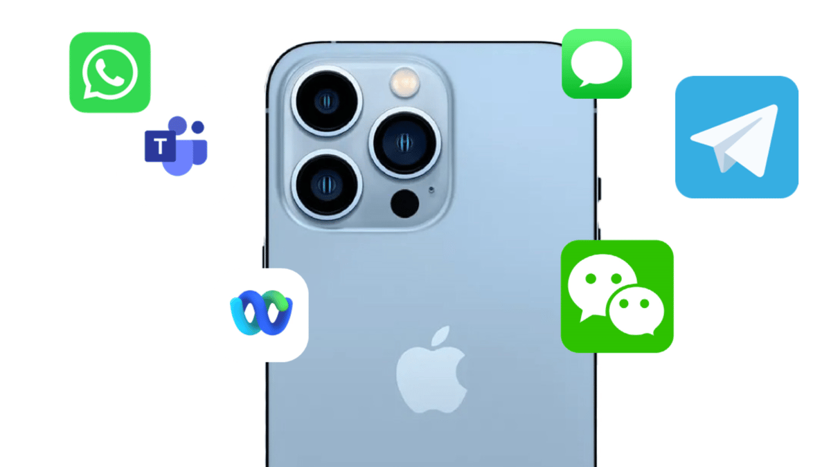 A mobile device with icons surrounding it such as: WhatsApp, MS Teams, Webex, WeChat, SMS, and Telegram